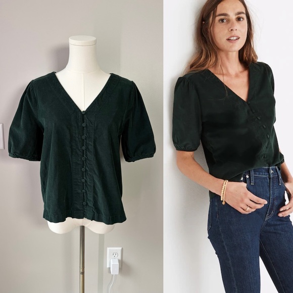 Madewell Tops - Madewell Dark Palm Corduroy Puff-Sleeve Button-Front Top